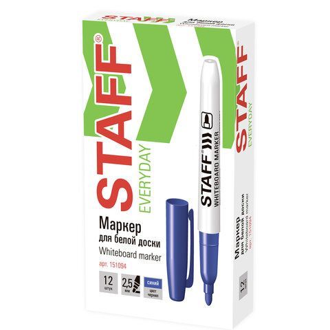 Маркер для доски синий 2,5мм тонкий корпус круглый наконечник STAFF 1/12
