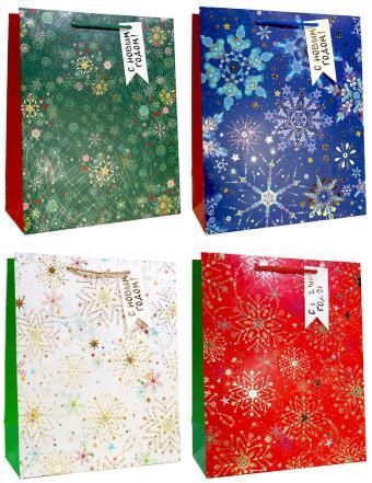 НГ Пакет подарочный бумажный (26х32х12) люкс Яркие снежинки 1/12 НГ Пакет подарочный бумажный (26х32х12) люкс Яркие снежинки 1/12