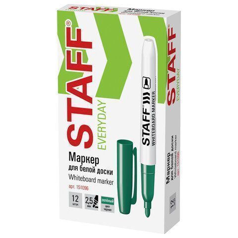 Маркер для доски зелёный 2,5мм тонкий корпус круглый наконечник STAFF 1/12